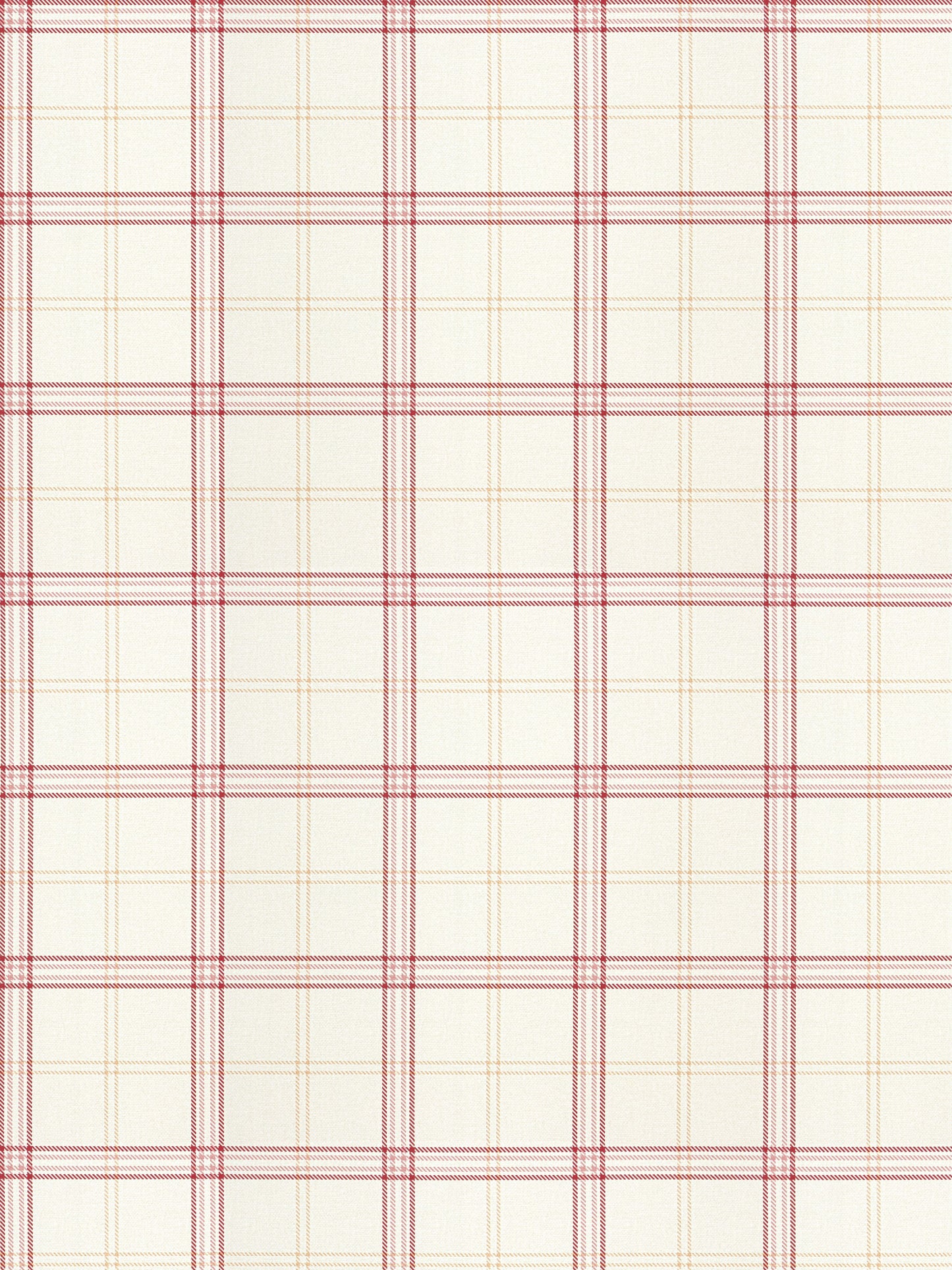 Cream plaid fabric with red and pale yellow thin lines in a grid; woven textile for shirts or home decor.