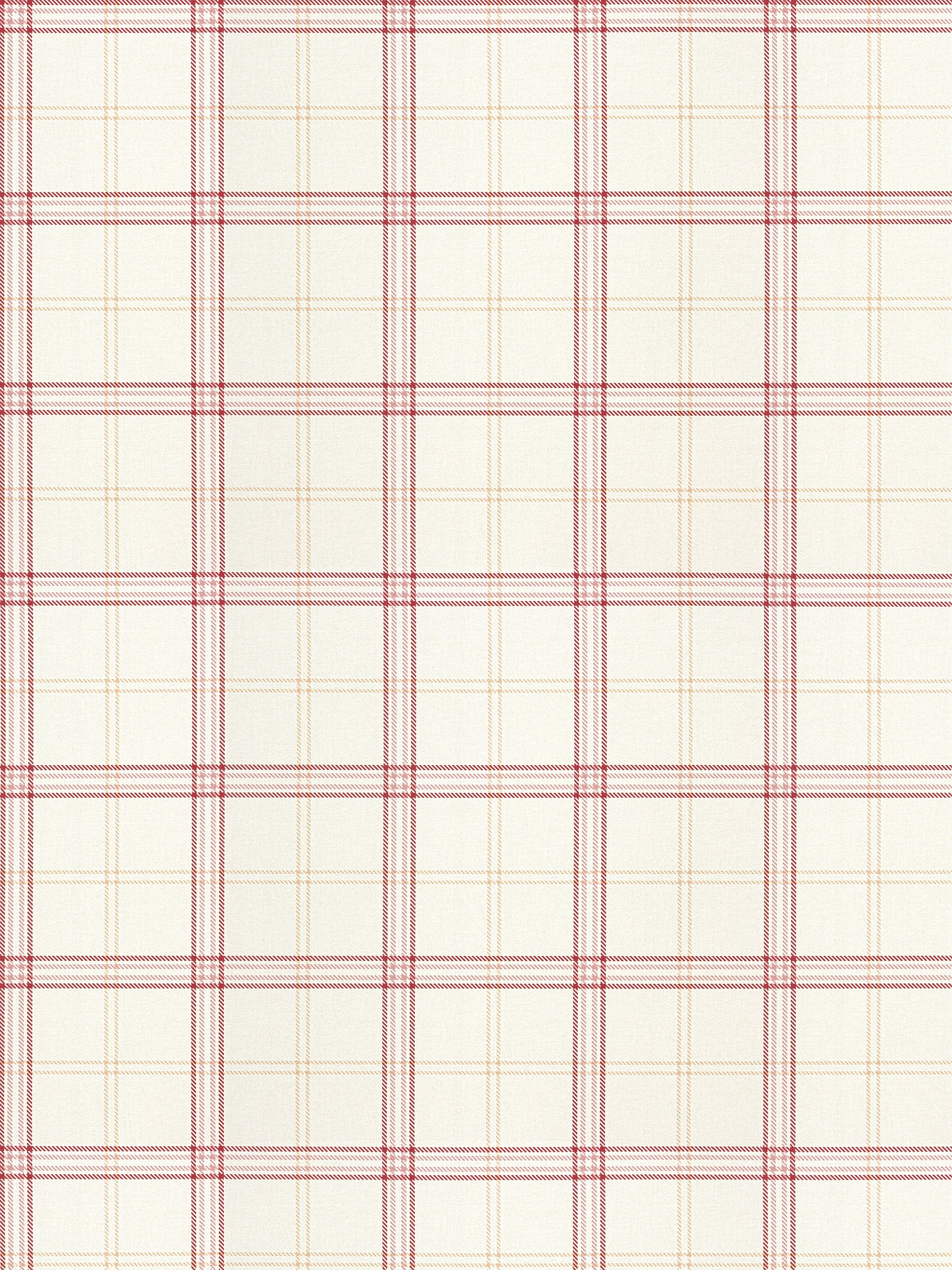 Cream plaid fabric with red and pale yellow thin lines in a grid; woven textile for shirts or home decor.