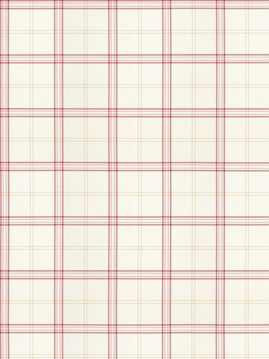 Cream plaid fabric with red and pale yellow thin lines in a grid; woven textile for shirts or home decor.