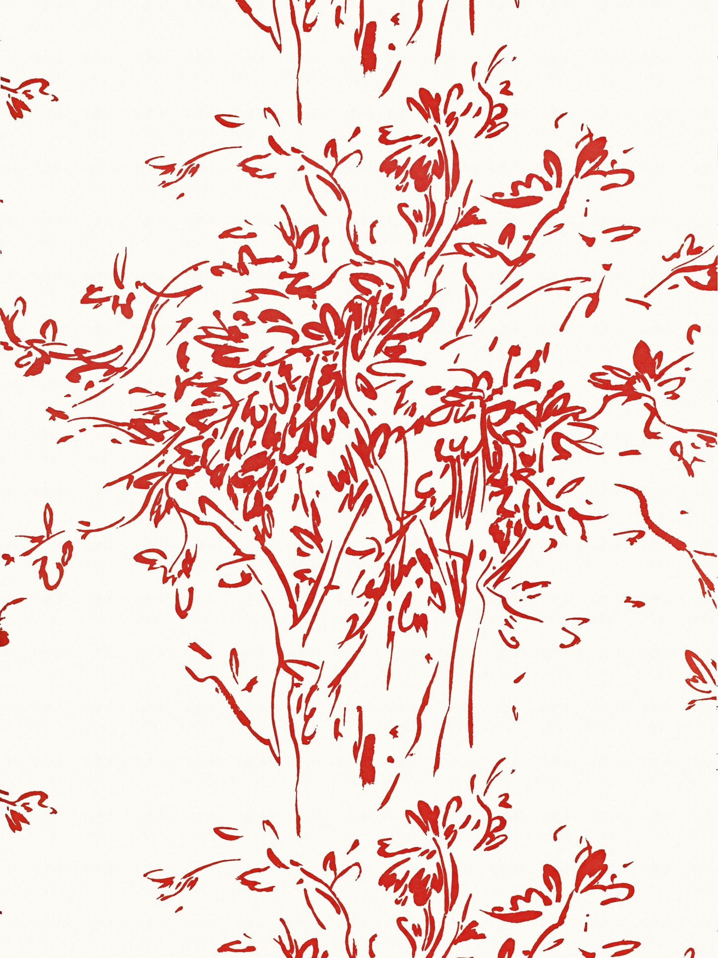 Red botanical line-drawing of blooming branches and leaves forming a decorative floral pattern on wallpaper.