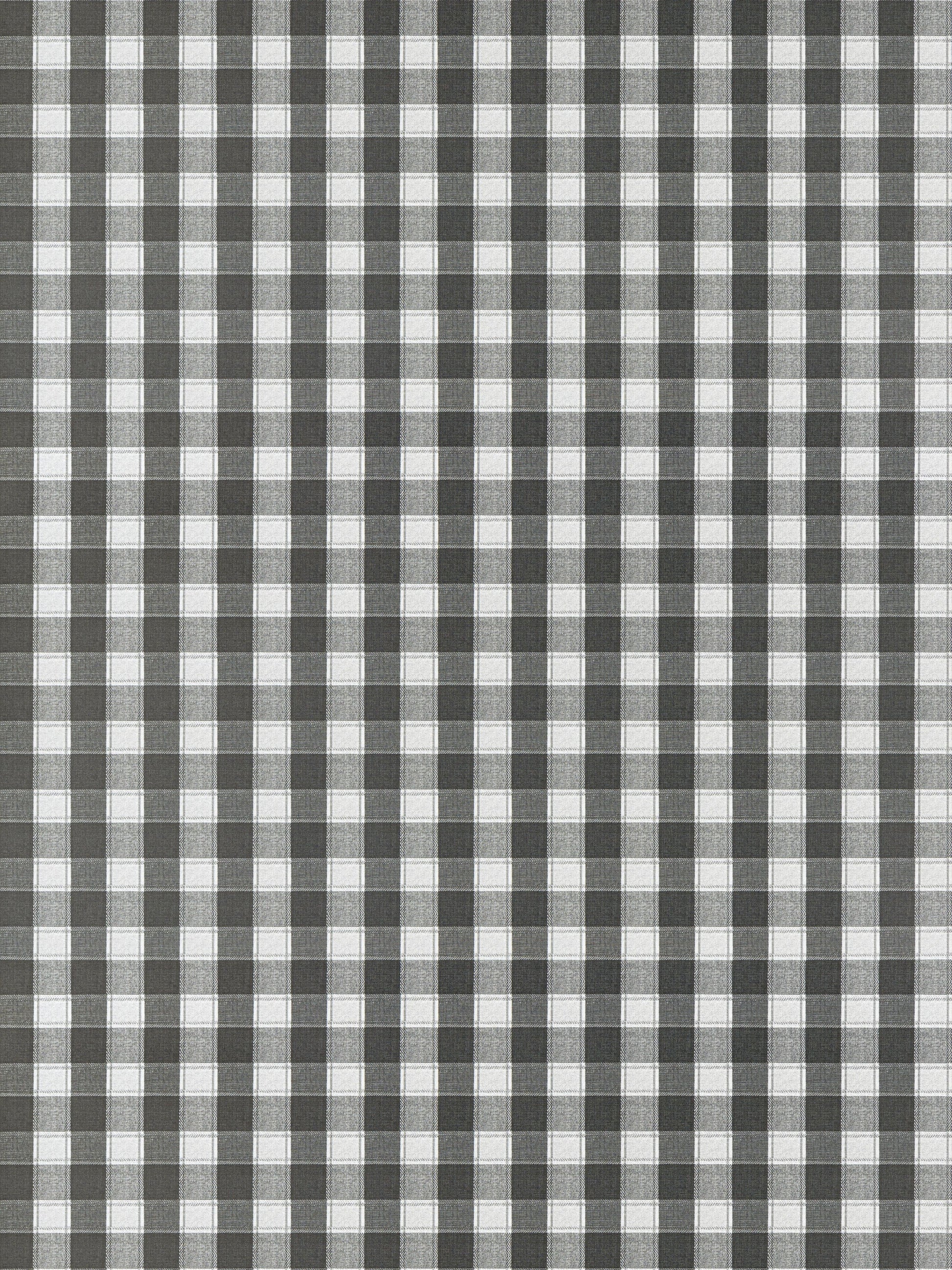 Gray and white gingham check fabric with small squares; woven cotton-style textile for shirts or table linens.