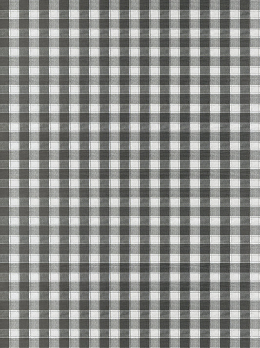 Gray and white gingham check fabric with small squares; woven cotton-style textile for shirts or table linens.