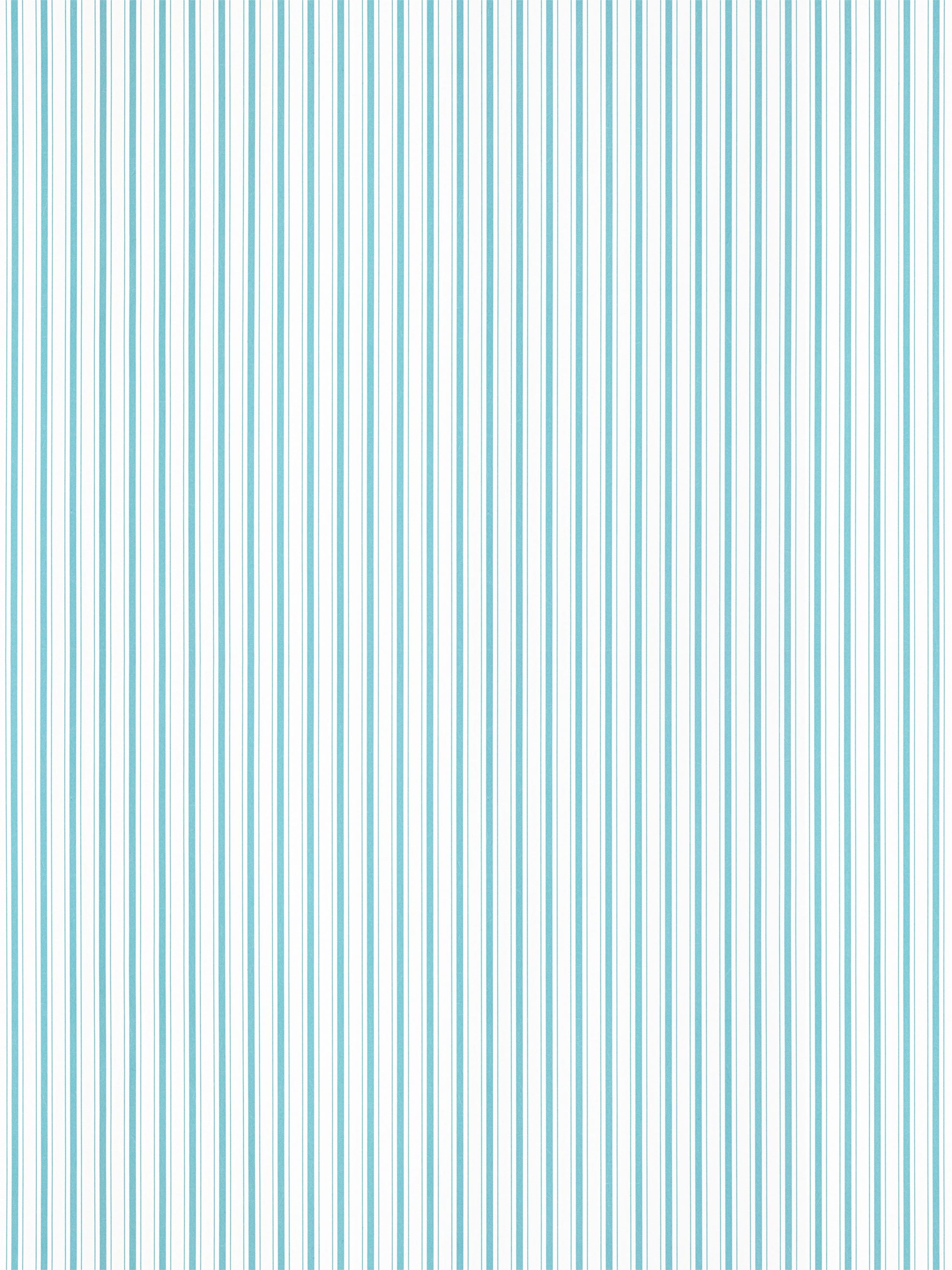 Blue and white vertical striped wallpaper with slim turquoise stripes; modern decorative wall covering.