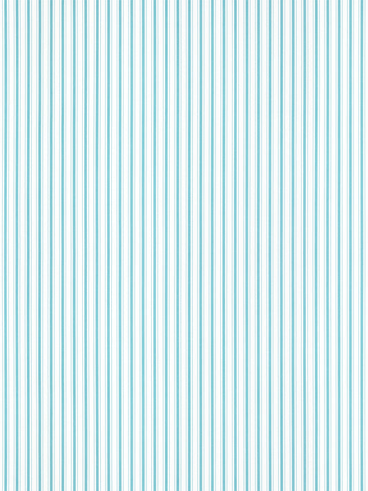 Blue and white vertical striped wallpaper with slim turquoise stripes; modern decorative wall covering.
