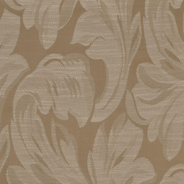 Beige and tan jacquard fabric with a large scrolling floral damask pattern and woven texture.