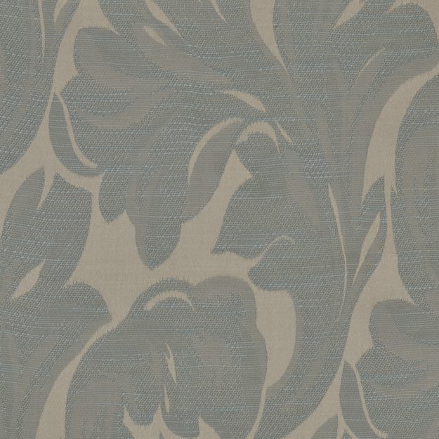 Turquoise floral damask pattern on beige woven fabric; textured jacquard upholstery or drapery textile.