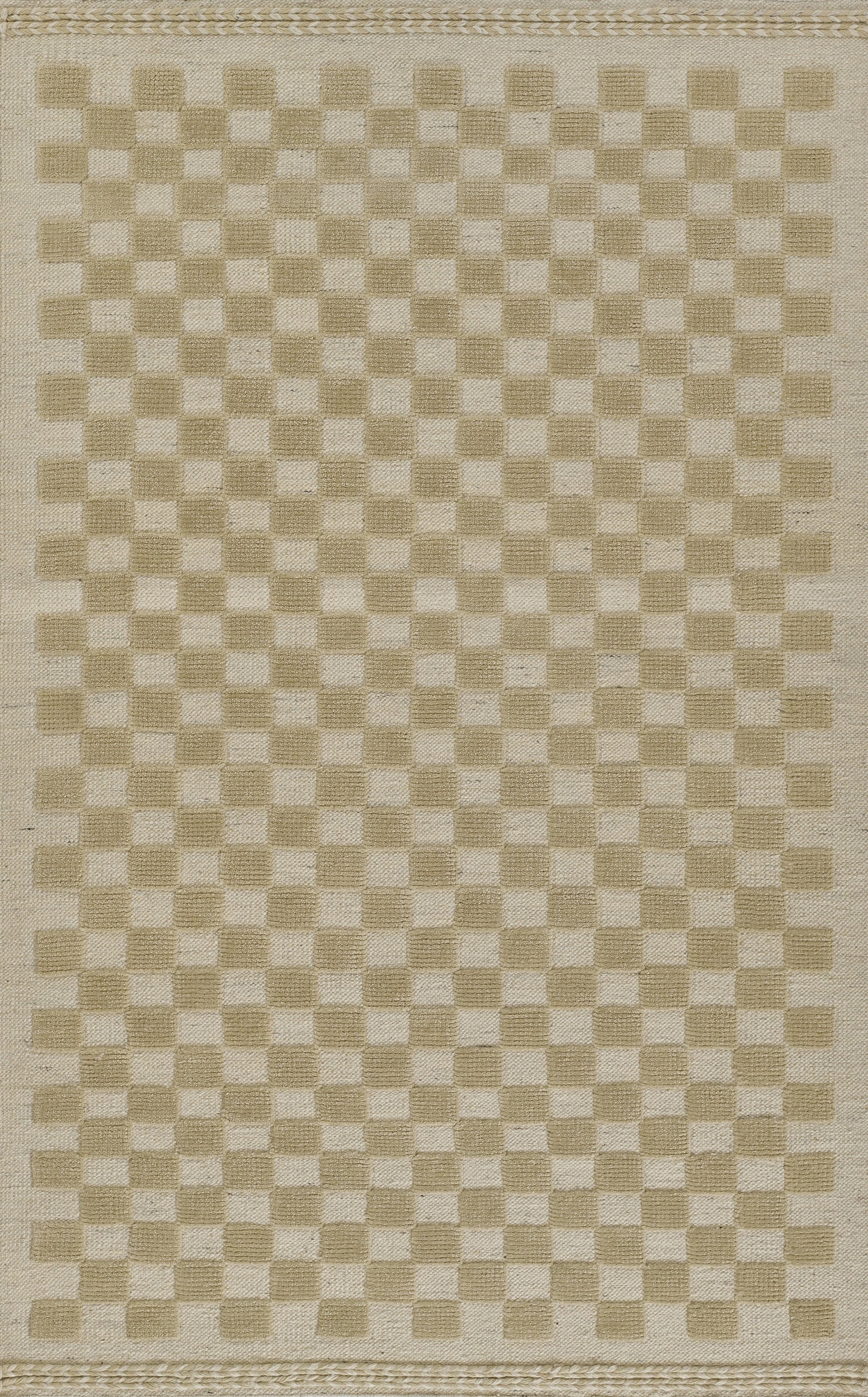 Beige woven rug with tan checkerboard pattern and braided border.