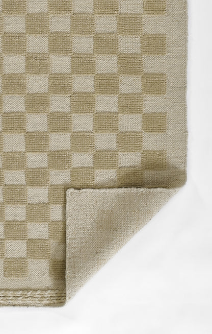 Beige checkerboard woven rug; textured fabric with taupe squares, folded corner showing underside.