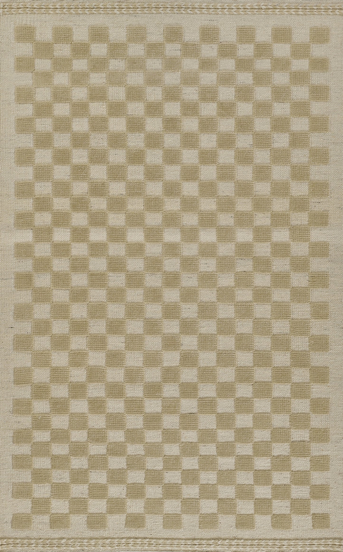 Beige woven rug with a tan checkerboard pattern and decorative border, natural fiber, rectangular, casual contemporary style.