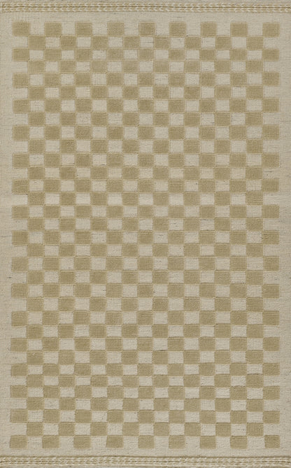Beige woven rug with a tan checkerboard pattern and decorative border, natural fiber, rectangular, casual contemporary style.