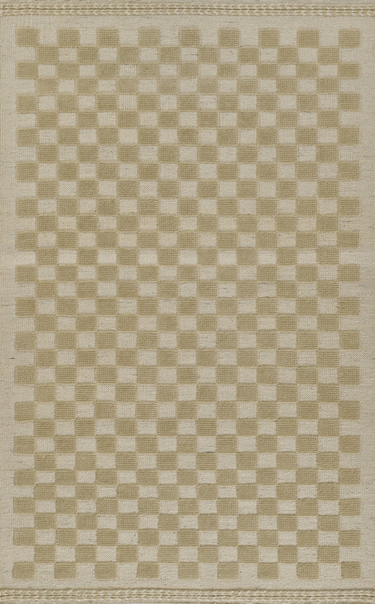 Beige woven rug with a tan checkerboard pattern and decorative border, natural fiber, rectangular, casual contemporary style.
