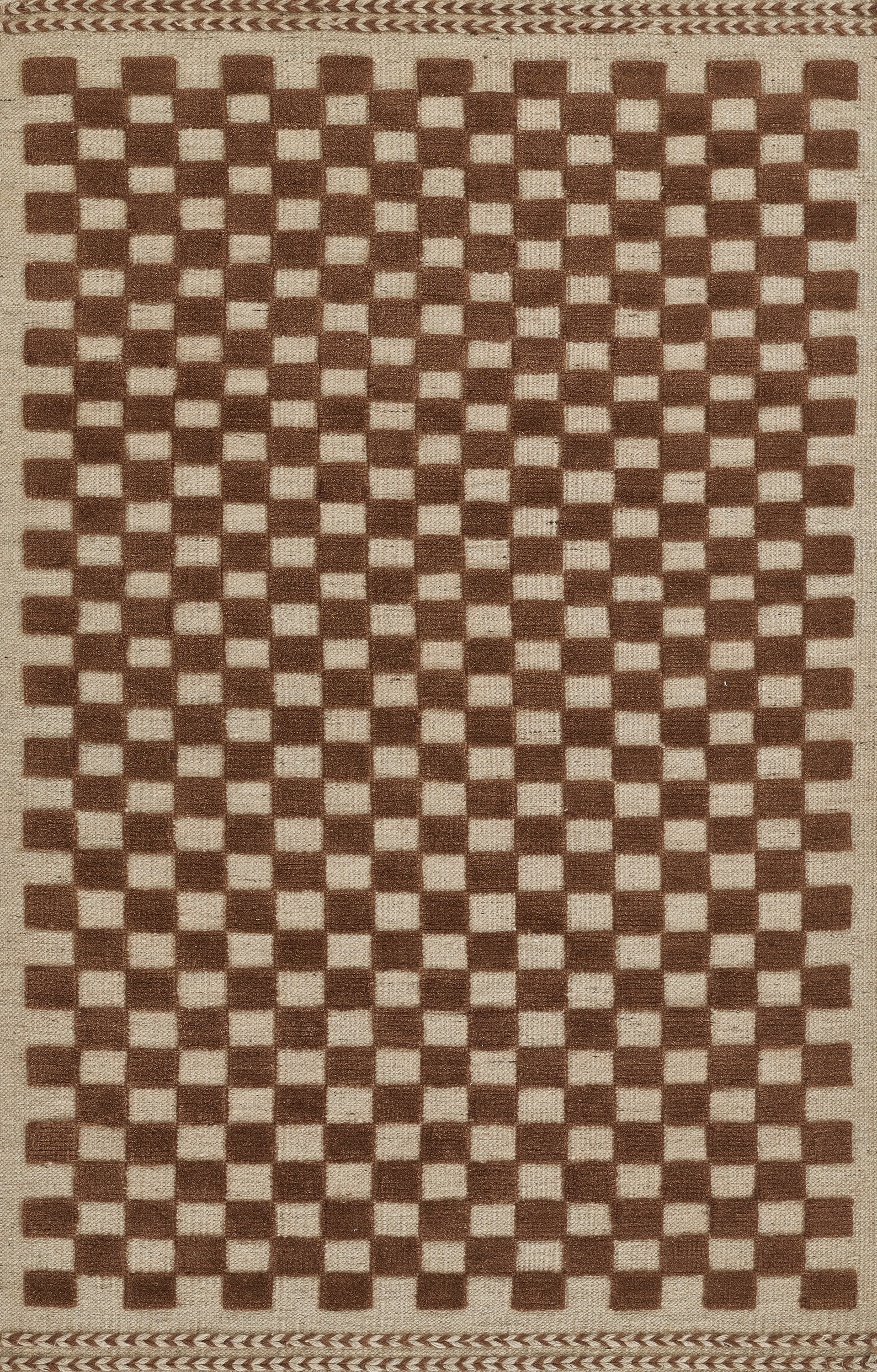 Brown and beige checkerboard woven rug with braided border.