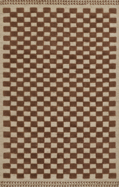 Brown and beige checkered woven rug with a braided border; natural jute texture, rectangular rustic style.