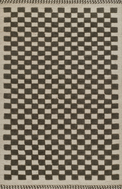 Rectangular woven rug with natural beige base and black checkerboard squares; geometric pattern with braided border.
