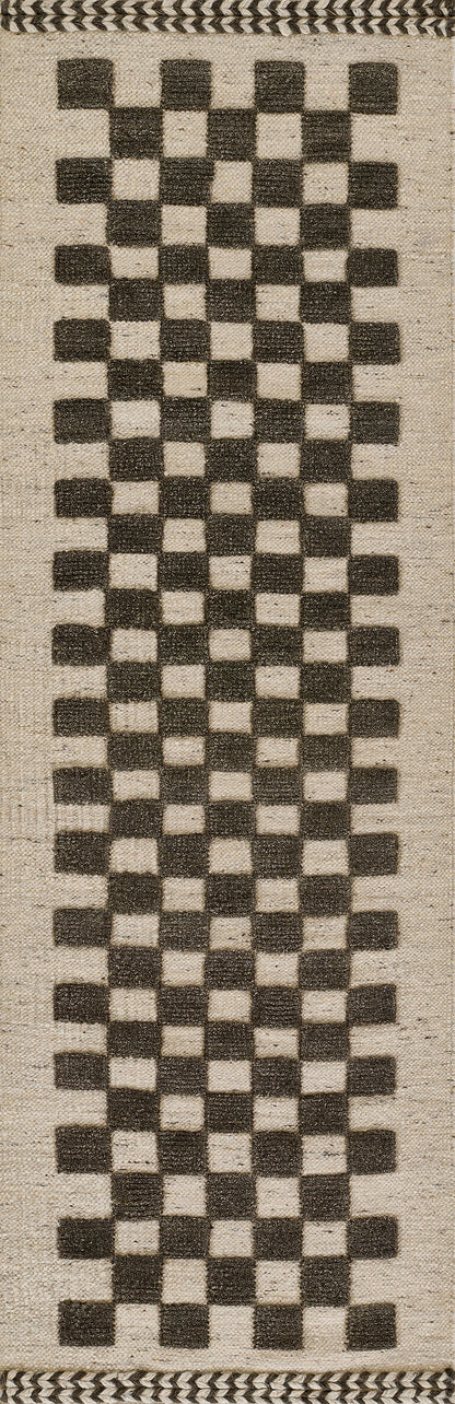 Long woven textile with a beige base and a vertical dark checkerboard stripe; rustic herringbone border at the top.