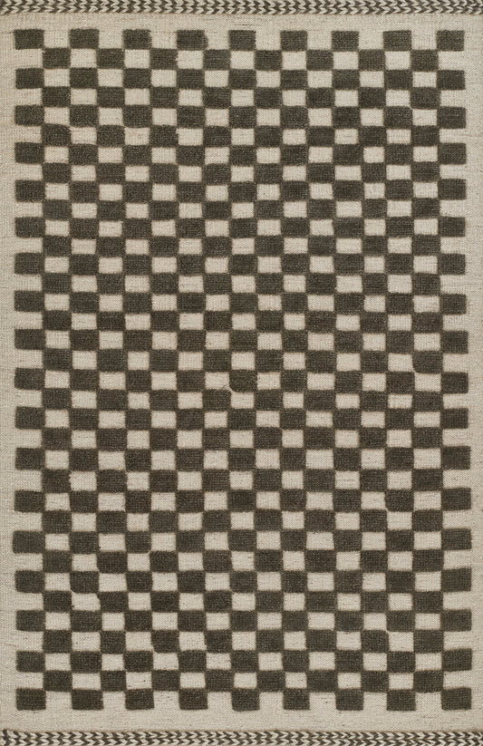 Rectangular woven rug in black and beige checkerboard grid with braided chevron border.