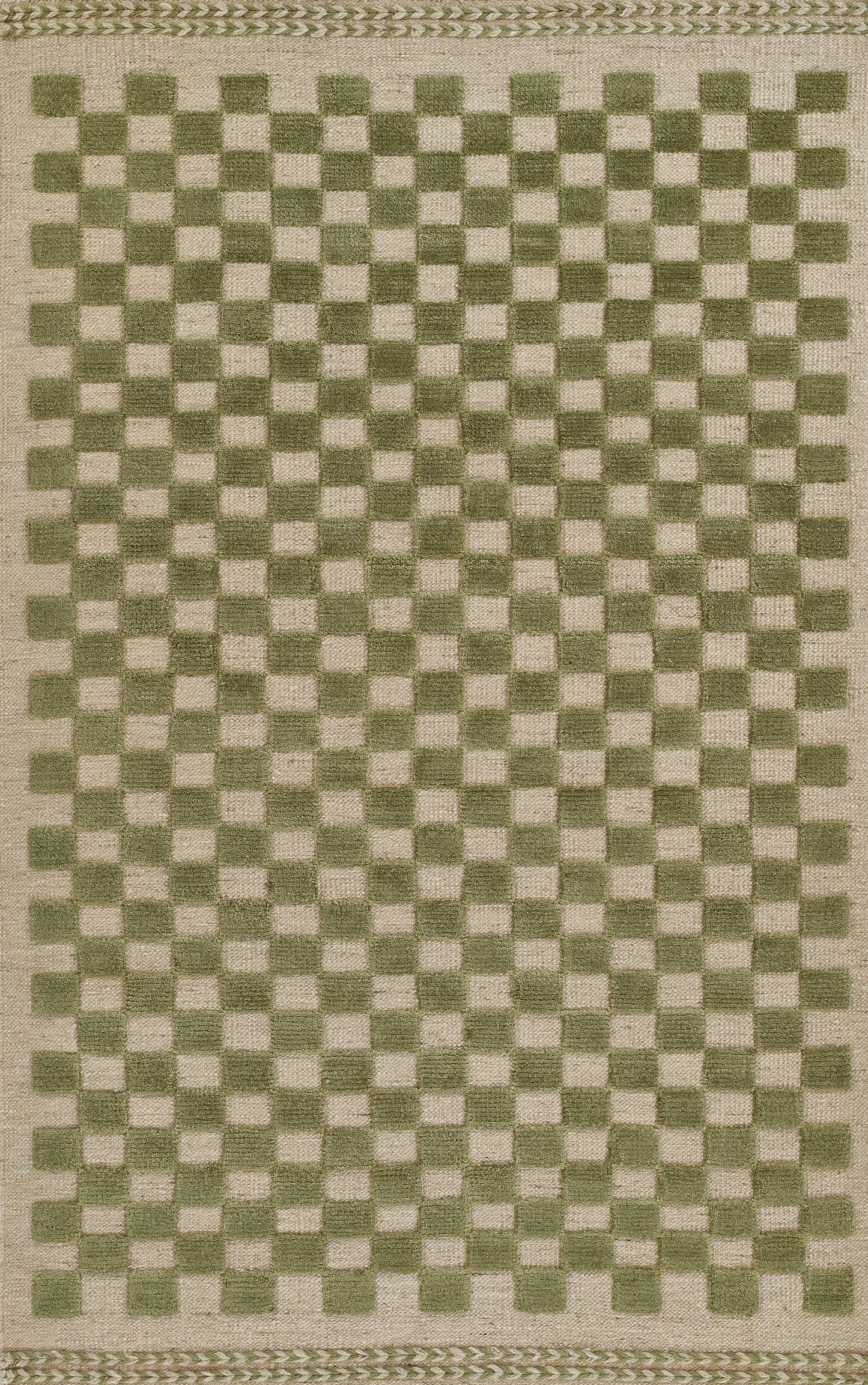 Olive-green and natural beige checkerboard rug with braided border along top and bottom.