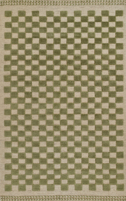 Olive-green and natural beige checkerboard rug with braided border along top and bottom.
