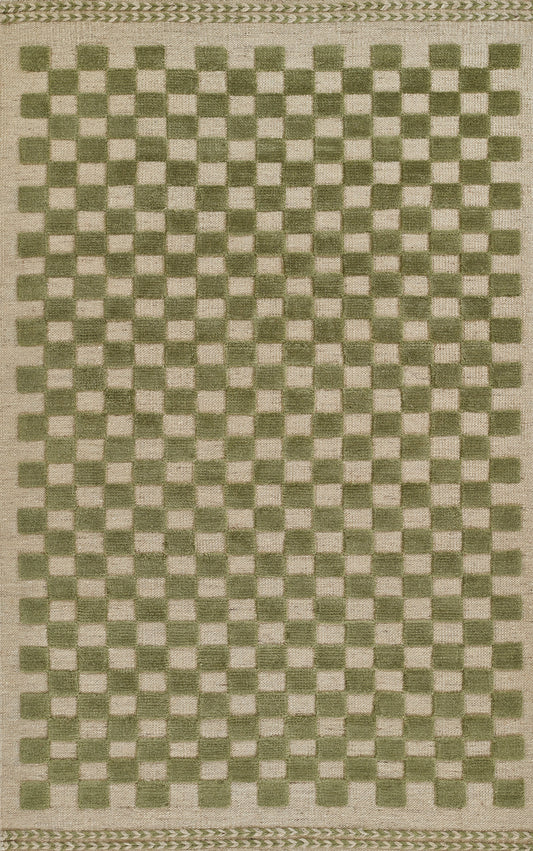 Olive-green and natural beige checkerboard rug with braided border along top and bottom.