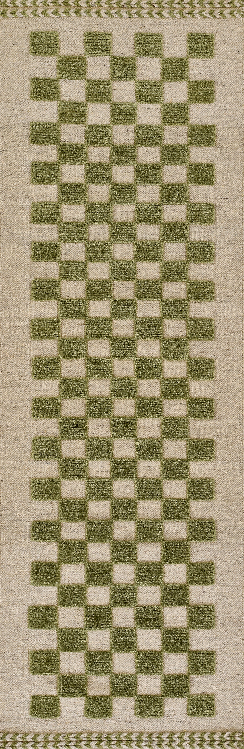 Rug runner woven in natural beige with olive-green checker squares and decorative border; measures 2'6" x 8'.