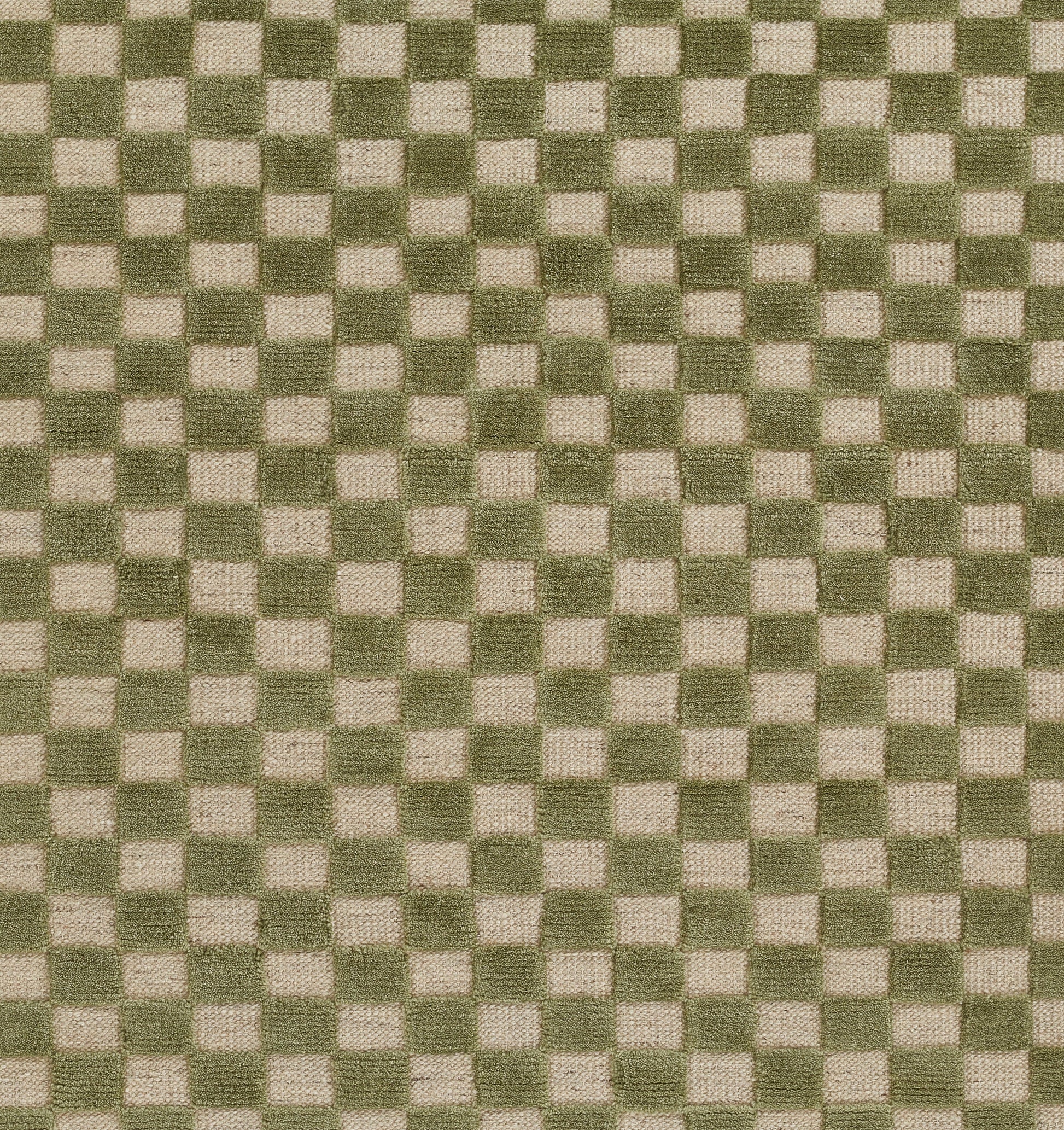 Olive green and beige small checkered woven rug runner with a tight square pattern; 2'6" x 8'.
