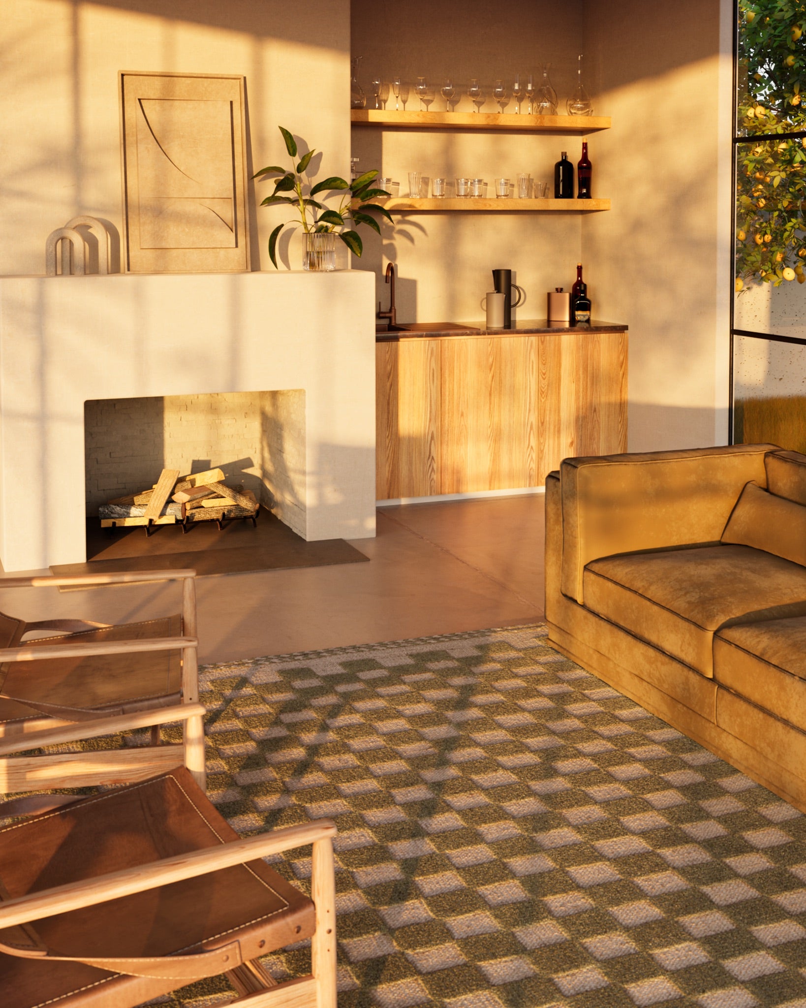 Warm mid-century living room with fireplace, wooden shelves, plant, glassware and bottles, brown sofa and checkered rug.
