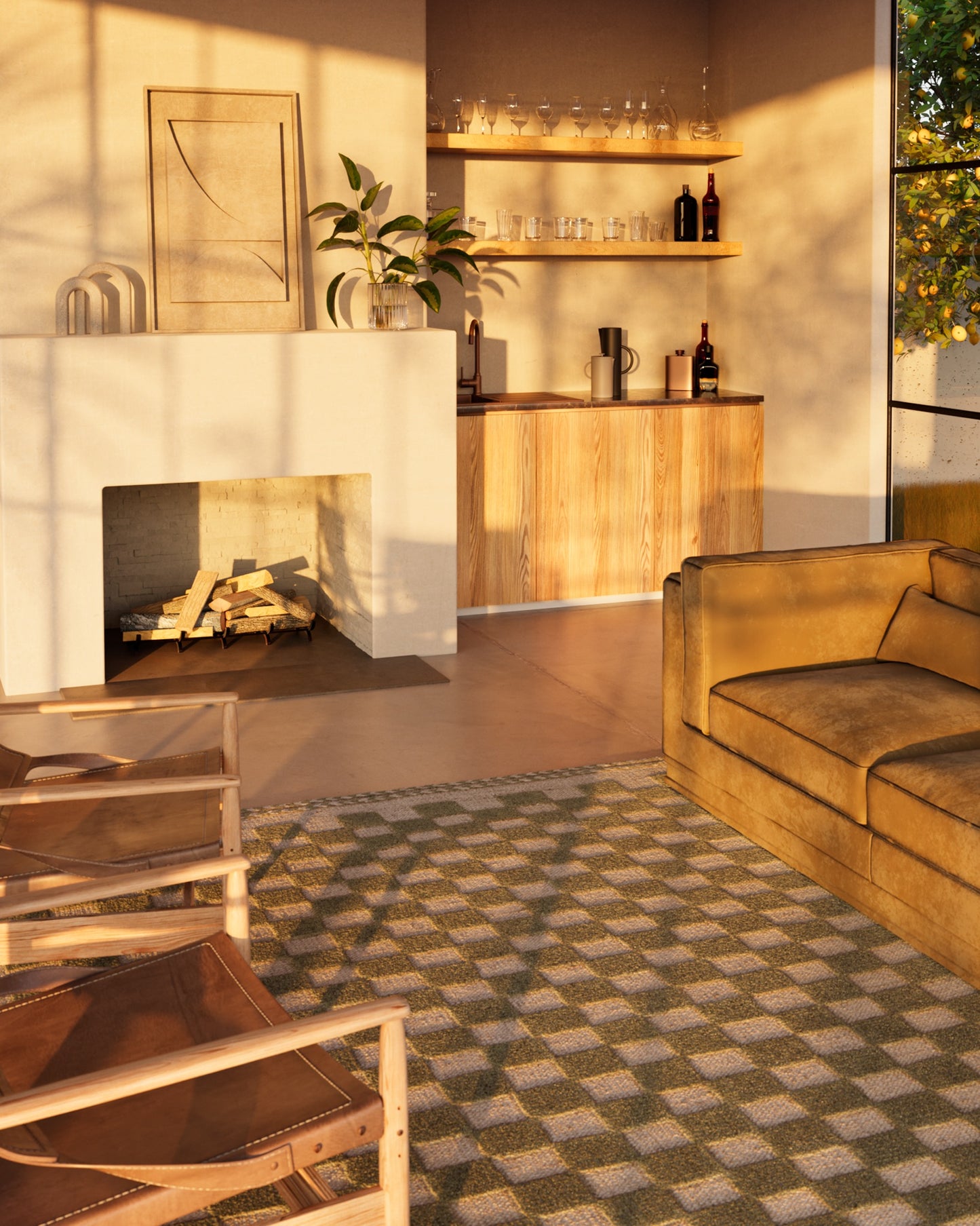 Green checkered rug in a sunlit living room with a mustard sofa, wood-framed chairs, a fireplace, a bar cabinet, and a potted plant.