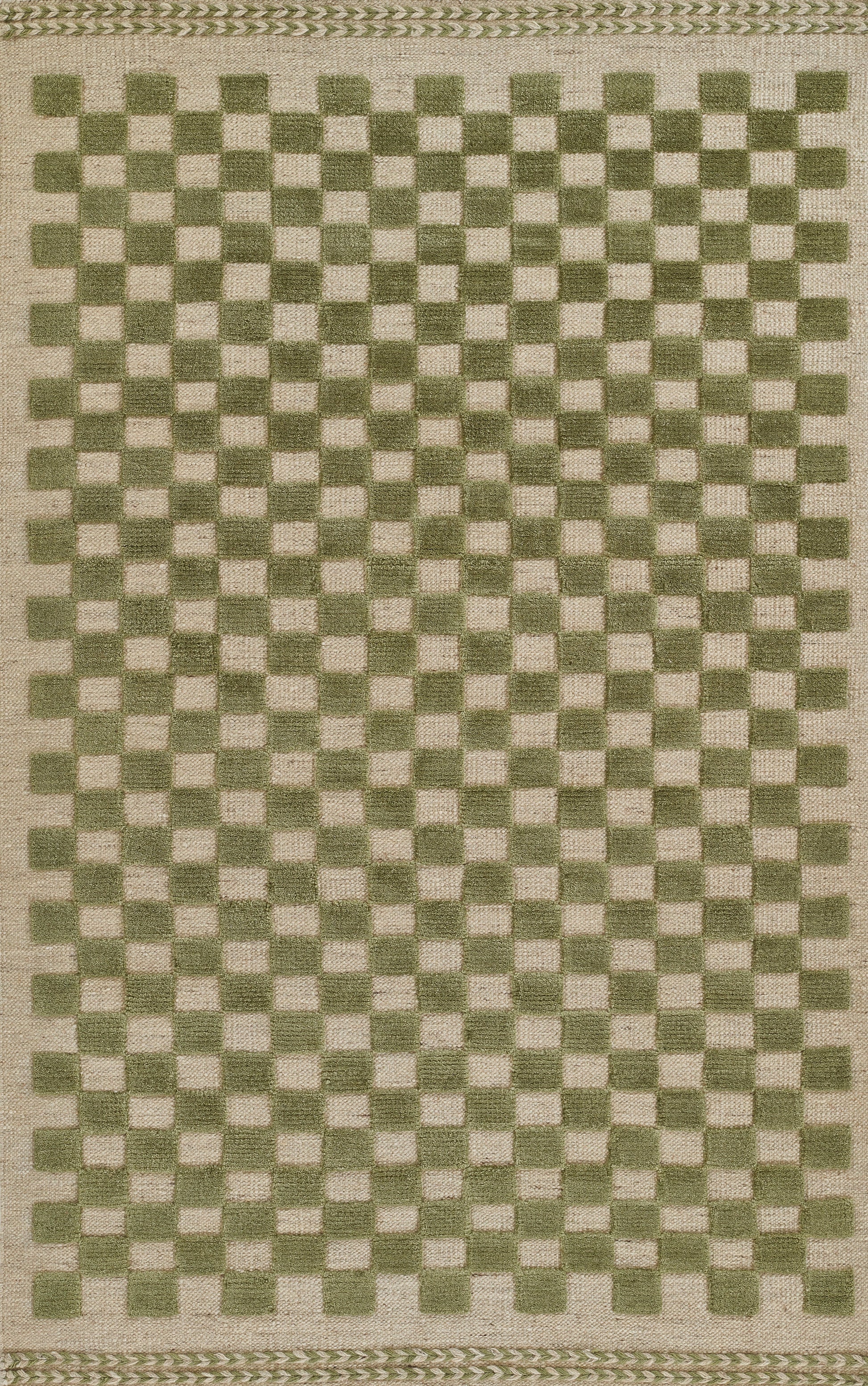 Rectangular woven rug with olive green and natural beige checkerboard pattern, braided edge border, casual boho style.