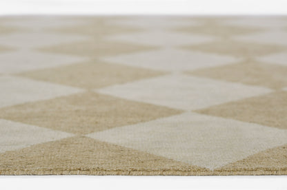 Beige and taupe diamond-pattern woven rug with a soft, textured surface; modern geometric floor rug.