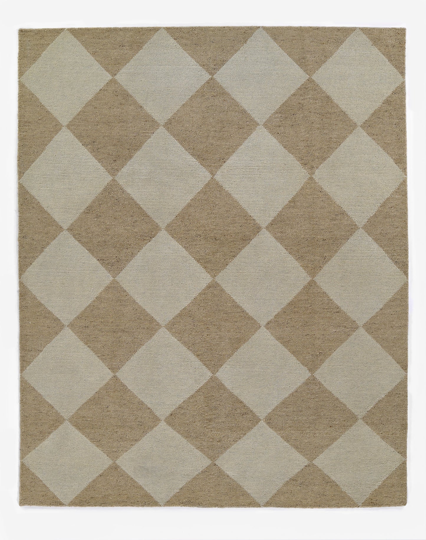 Rectangular woven natural-fiber rug with beige and taupe diamond argyle pattern; neutral, geometric decor.