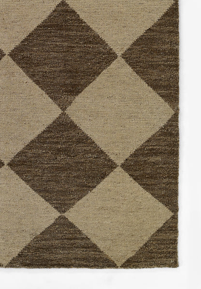 Rectangular beige and chocolate brown rug with an oversized diamond geometric pattern and a woven texture.