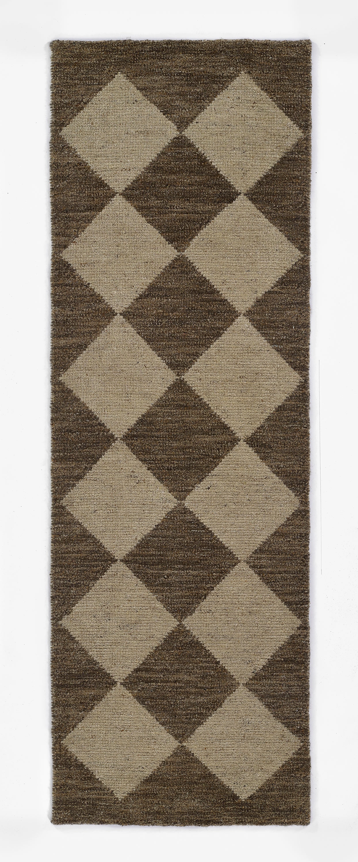 Long brown rug runner with beige diamond argyle pattern; woven hallway rug.