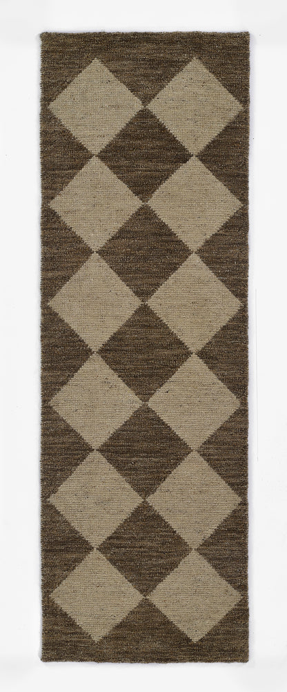 Dark brown rug with a sand beige diamond argyle pattern; woven 10' x 14' area rug.