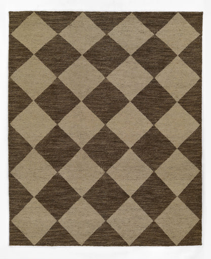 Rectangular woven rug in brown and beige diamond pattern; bold geometric design for living room or entry.