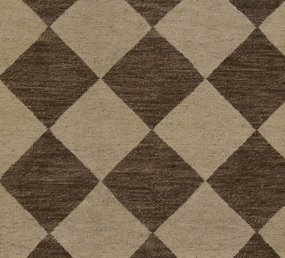 Brown and beige diamond-patterned area rug with a woven texture; bold geometric diamond design.