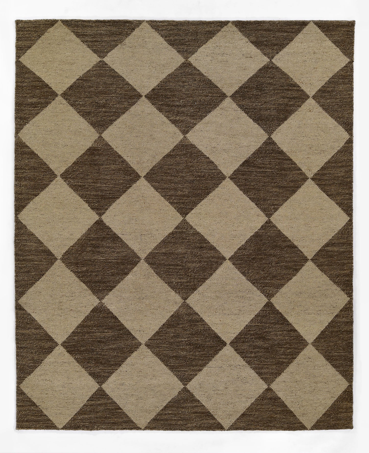 Brown and beige diamond-pattern rug with a harlequin geometric design; woven flat-weave, rectangular.