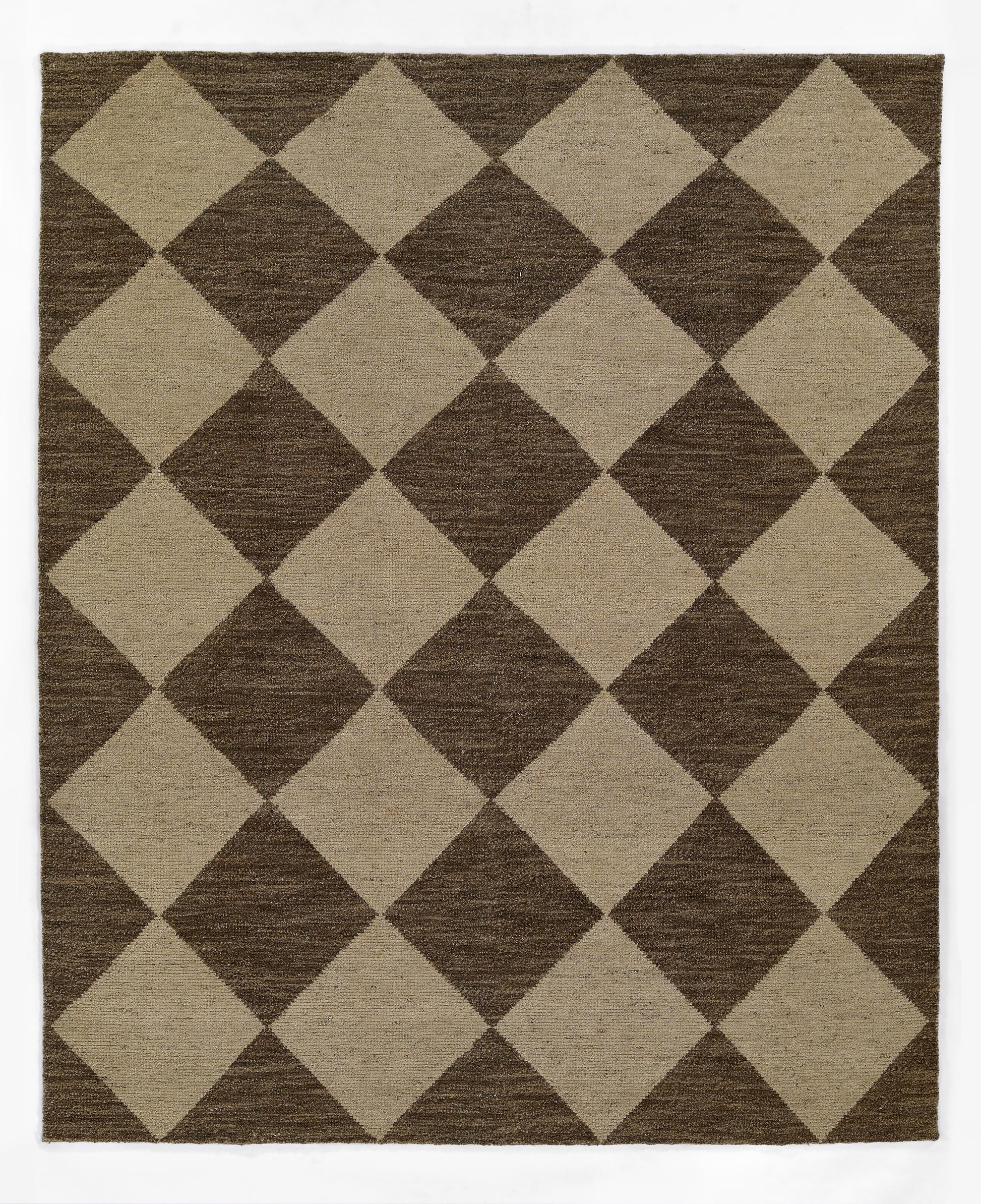 Brown and beige diamond-pattern rug with a harlequin geometric design; woven flat-weave, rectangular.