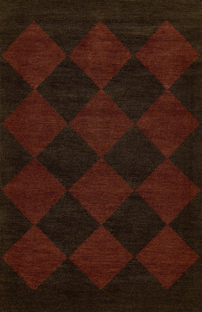 Dark brown rug with red diamond harlequin pattern; woven texture, geometric rug for living room or bedroom.