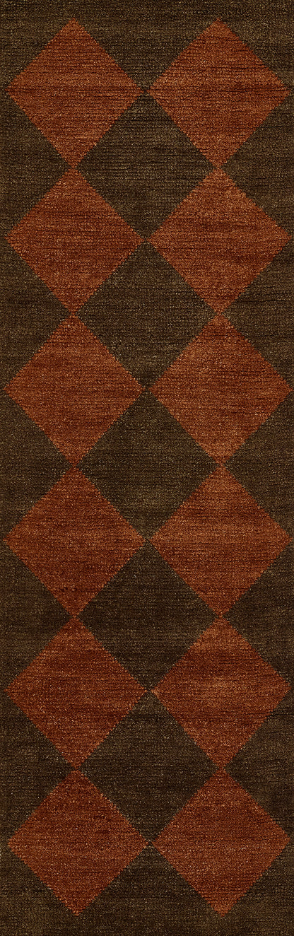 Rectangular rug with repeating burnt orange and dark brown diamonds in a vertical argyle pattern; wool texture.