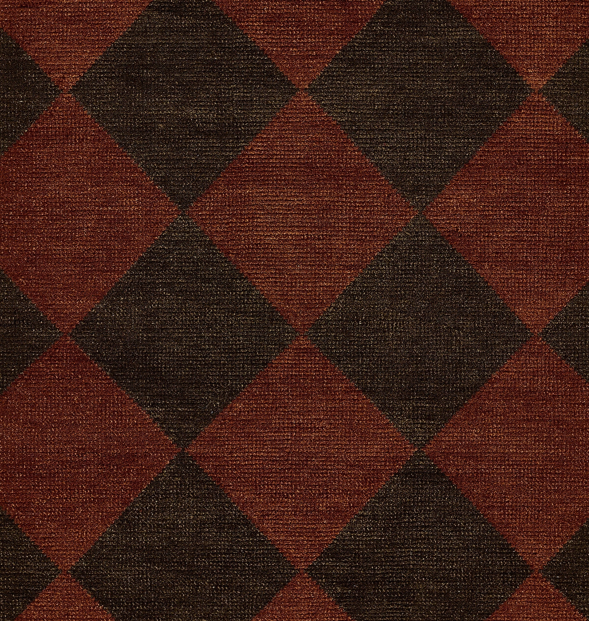 Rust & dark brown diamond checkerboard woven rug, textured, rustic contemporary living room decor.