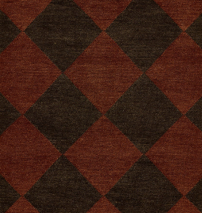 Rust & dark brown diamond checkerboard woven rug, textured, rustic contemporary living room decor.