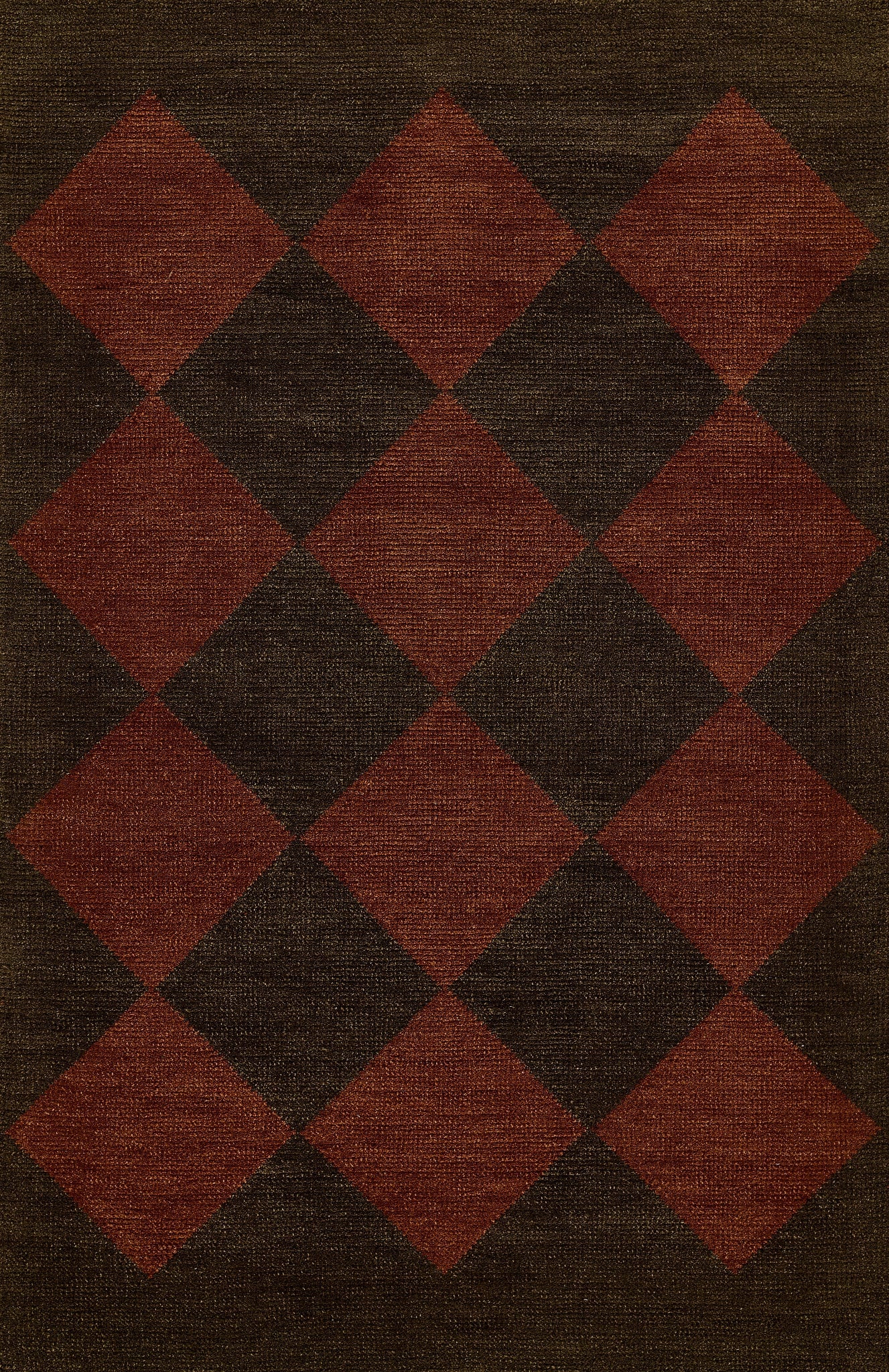 Dark brown rug with a bold red diamond checkerboard pattern and textured weave.