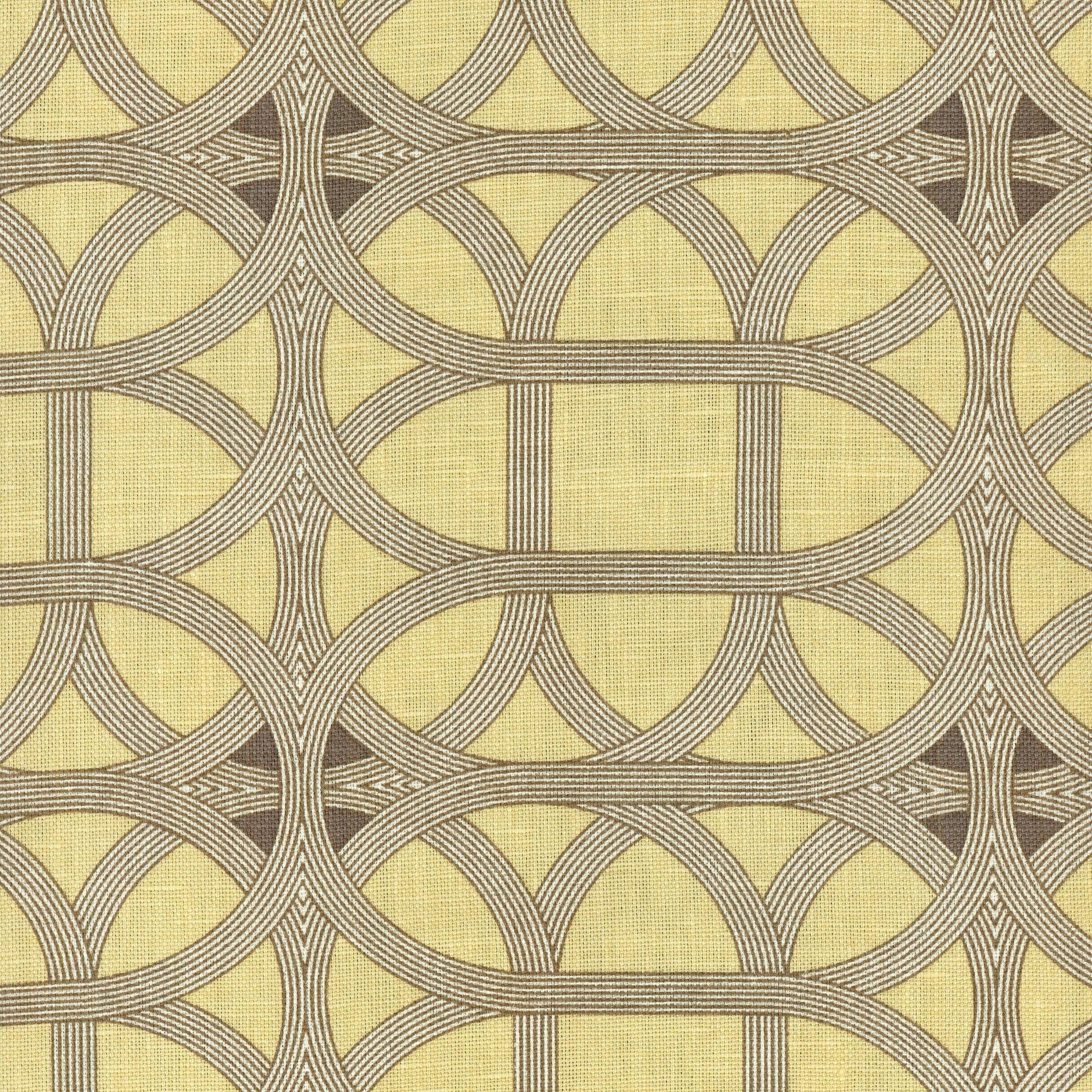Yellow linen-textured fabric with brown intertwined looping arches forming circular oval patterns; retro geometric style.