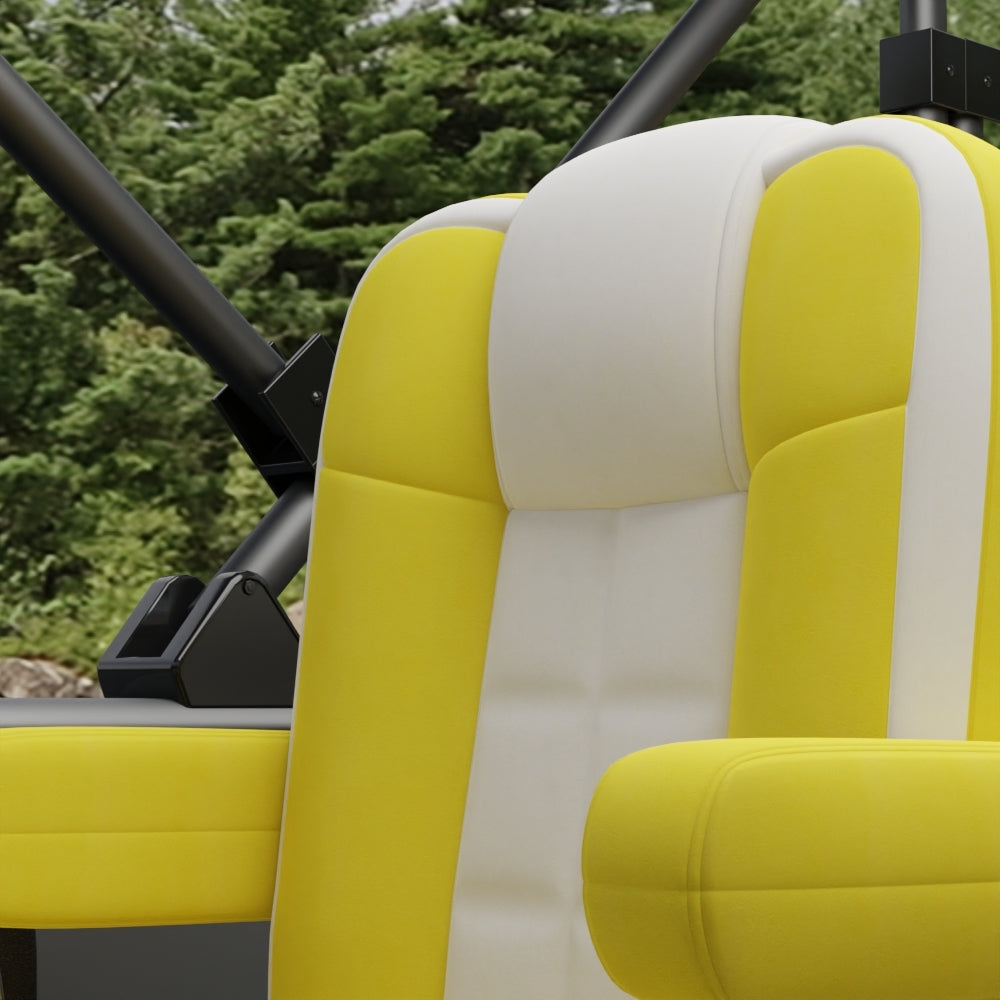 Yellow solid fabric bucket seat with a high back and black metal frame, outdoors.