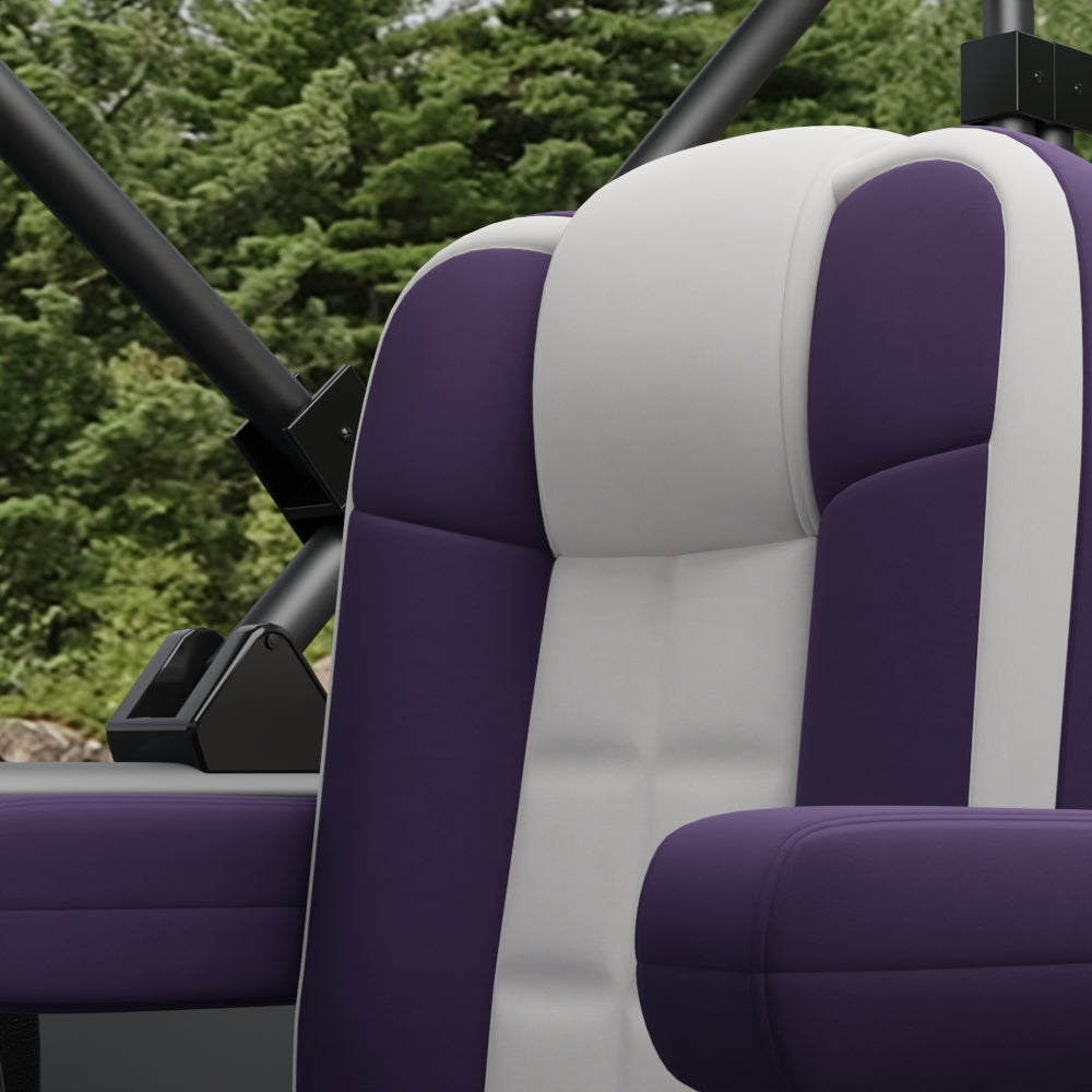 Purple solid fabric upholstered bucket seat with stitched panels, mounted on a black metal frame outdoors.