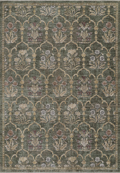 Green oriental rug with repeating trellis lattice & floral bouquets in ivory, beige, pink & olive.