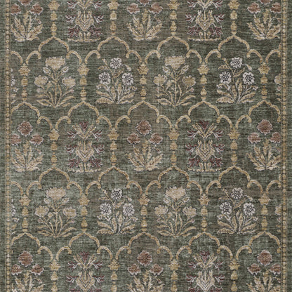 Green area rug with beige arched trellis pattern and cream floral motifs in pink and purple.