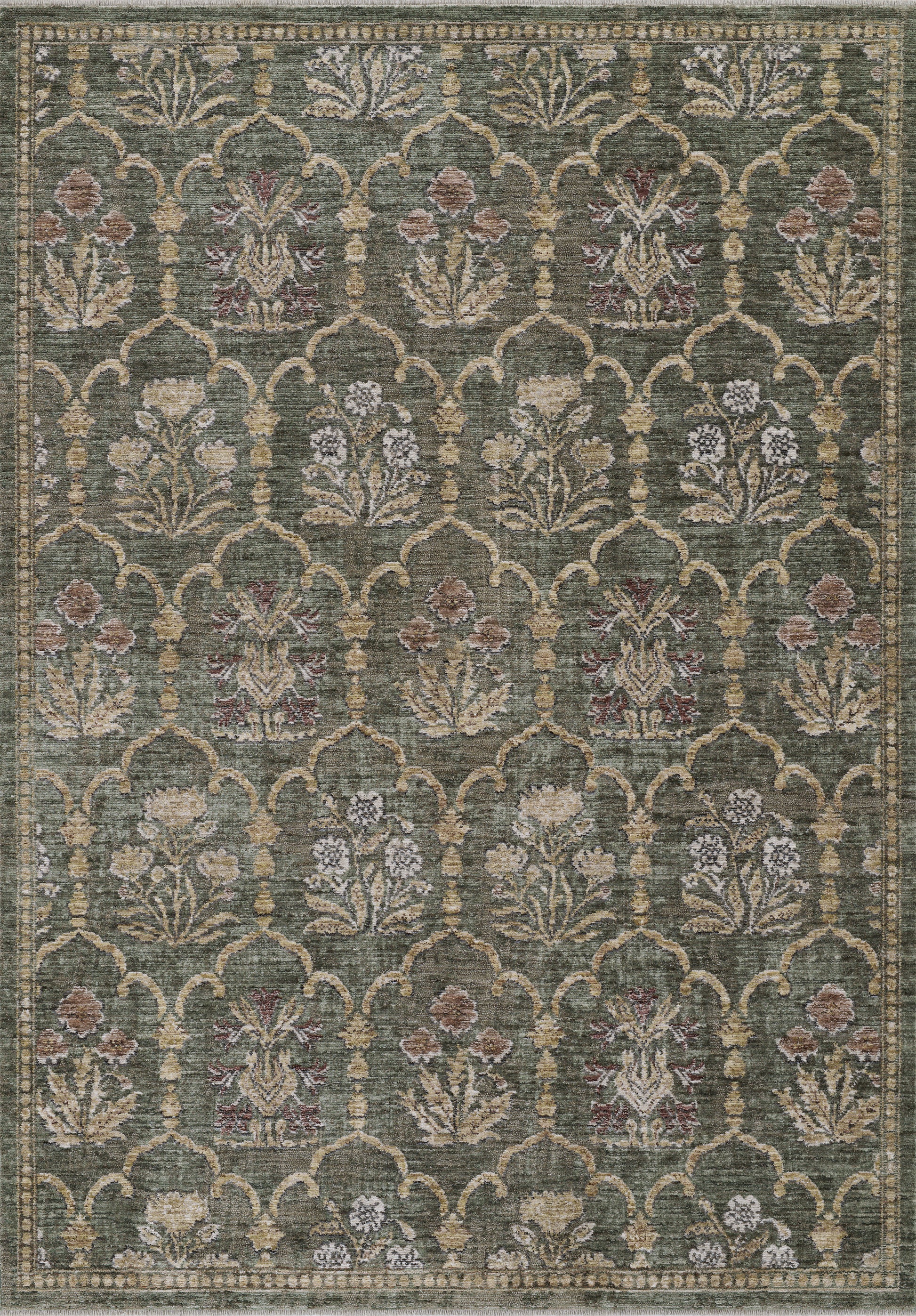 Green oriental rug with trellis arches and floral bouquets in ivory, beige and olive accents; ornate border.