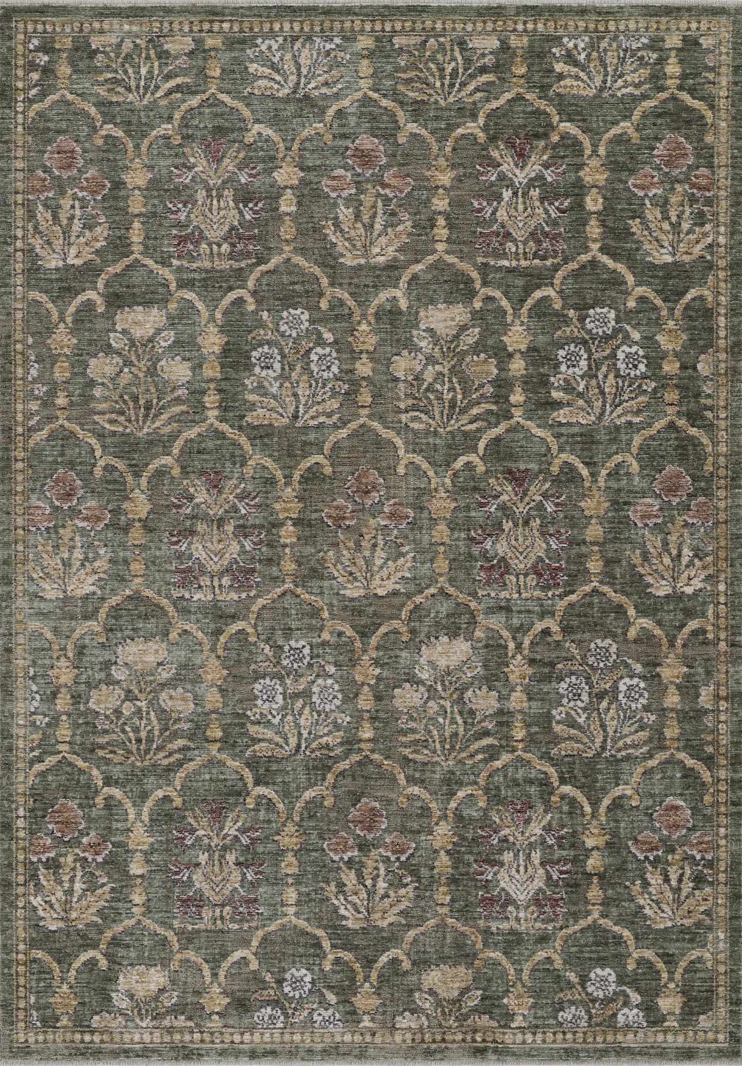 Green oriental rug with cream lattice arches and floral bouquets in gold and burgundy, bordered edge.
