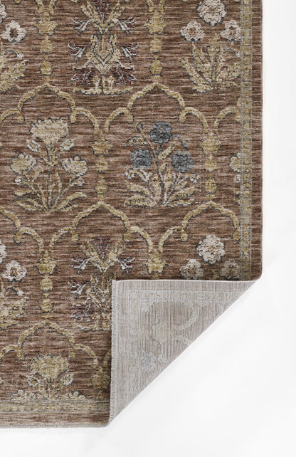 Brown ornamental runner rug with beige and cream floral lattice, antique Persian-inspired, corner folded to reveal gray backing.